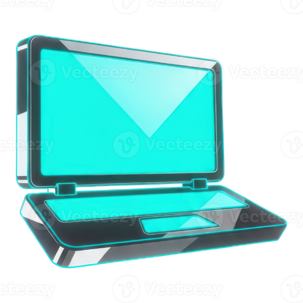 A futuristic laptop with a glowing cyan screen on transparent background png