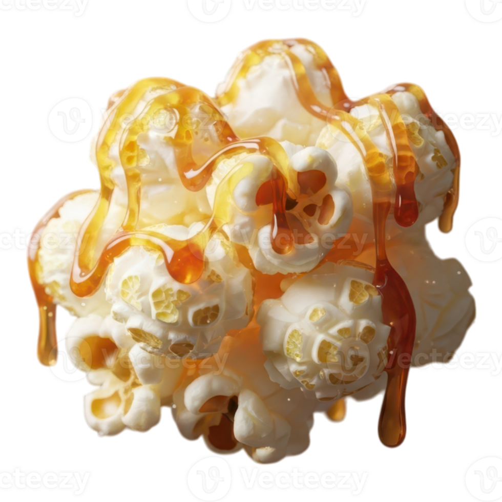 A cluster of caramel popcorn drizzled with sweet syrup isolated on transparent background png