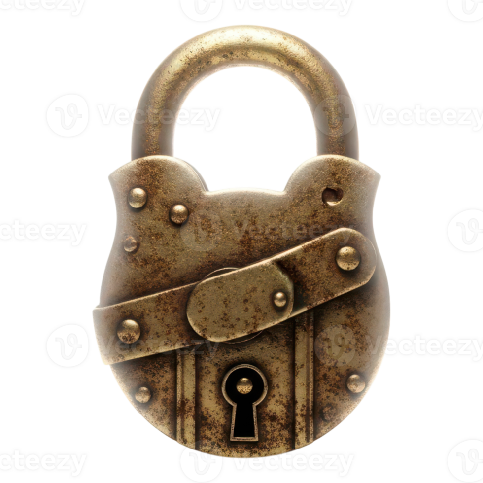 An old bronze padlock with a vintage design isolated on transparent background png