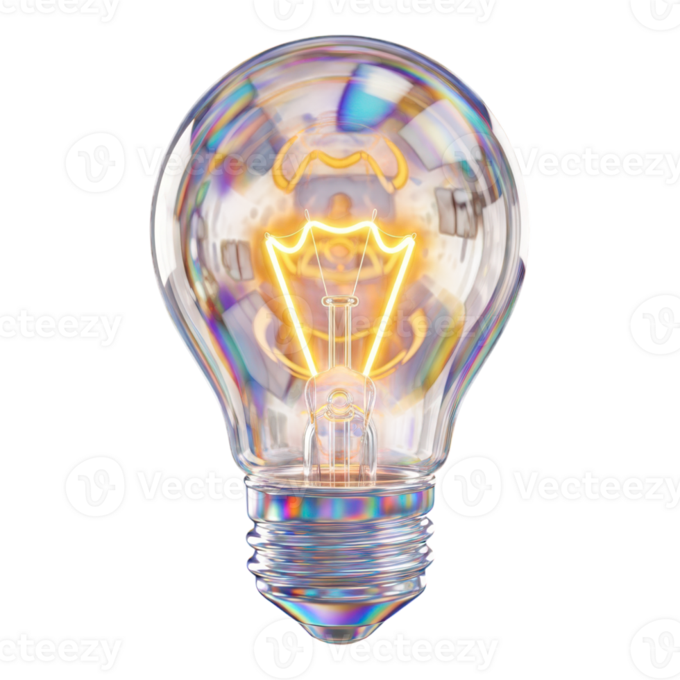 A glowing incandescent light bulb with rainbow reflections on transparent background png