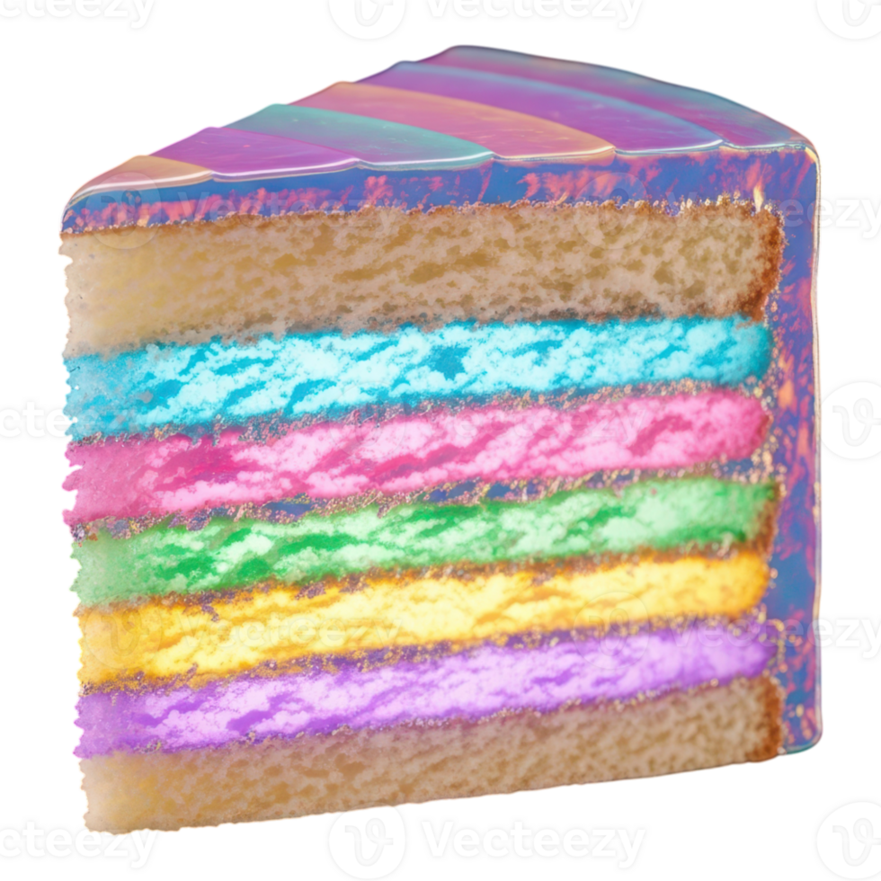 A colorful slice of holographic cake isolated on transparent background png
