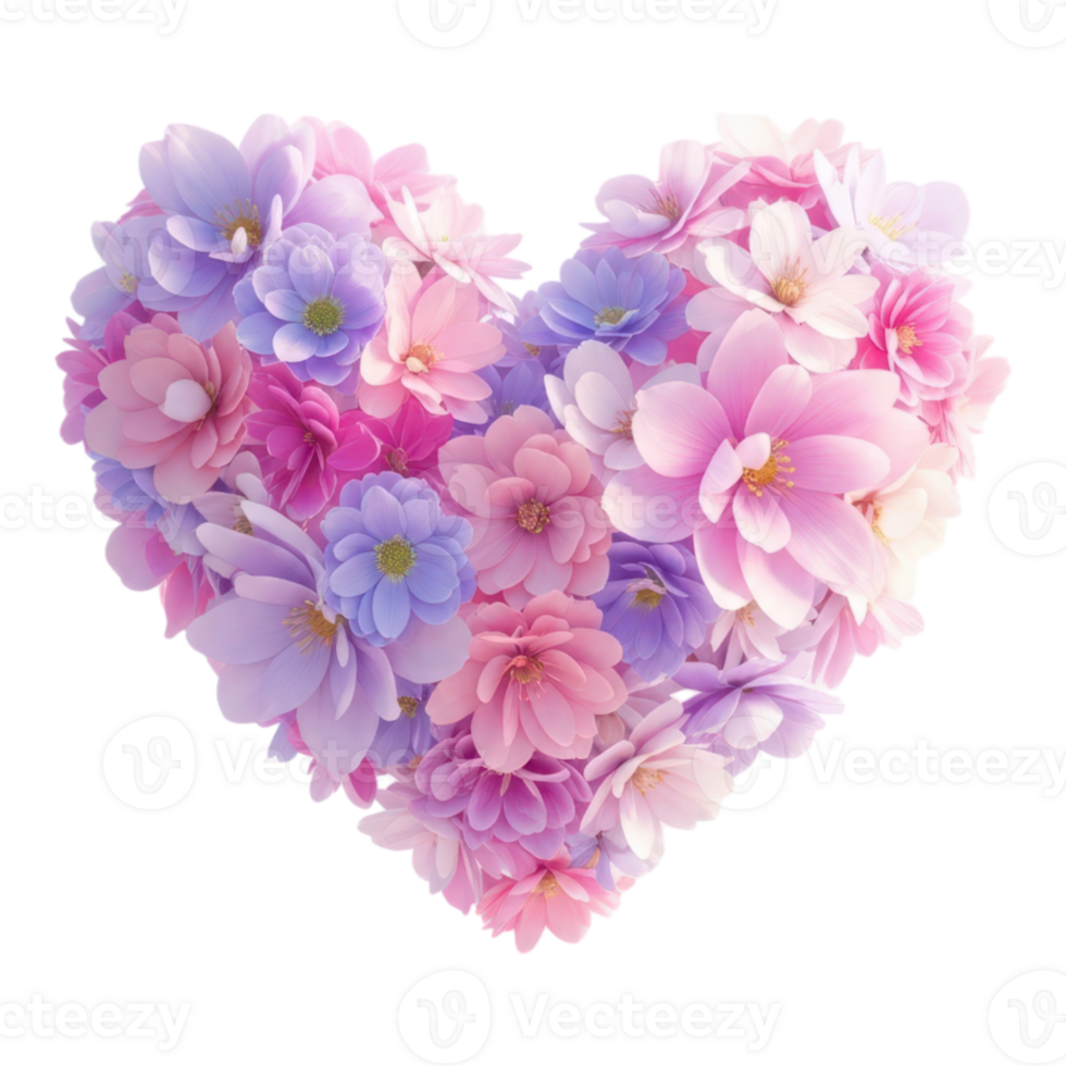 A heart shape made of colorful flowers isolated on white isolated on transparent background png