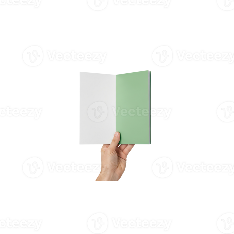 A hand holds an open booklet with white and green pages against a transparent png