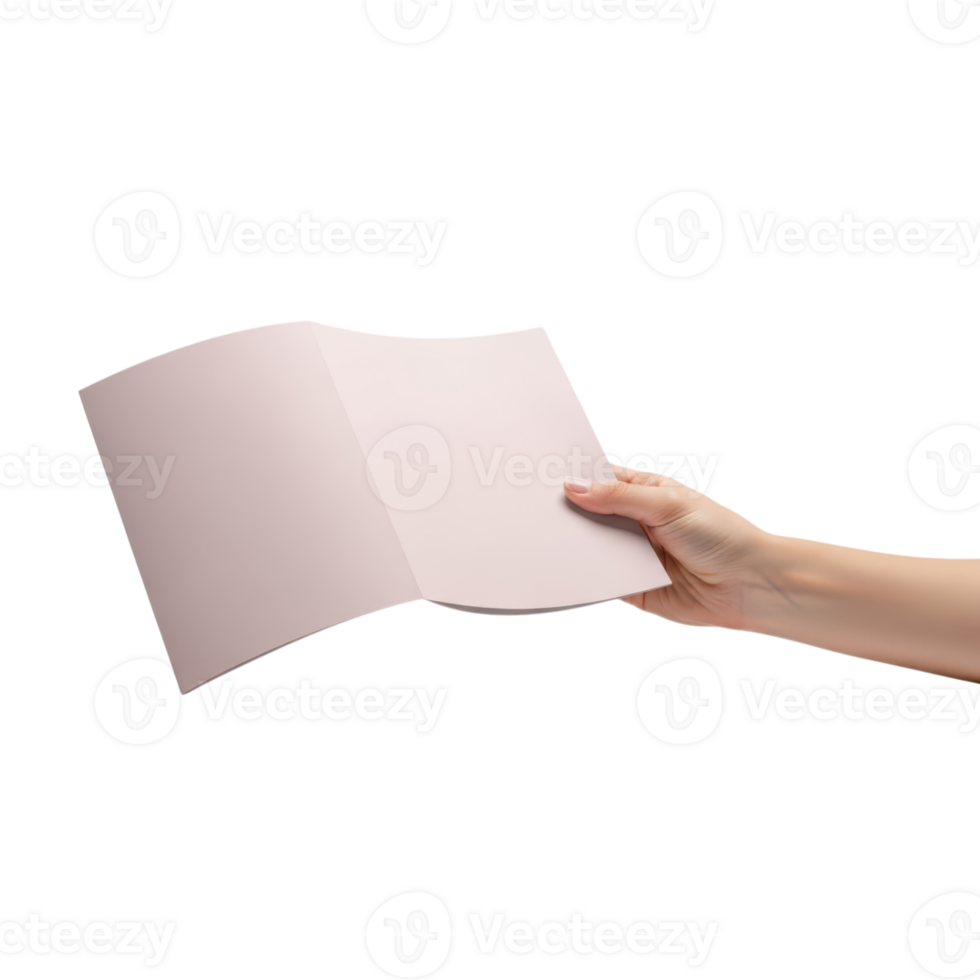 A hand holds open a folded piece of paper possibly a document or brochure for png