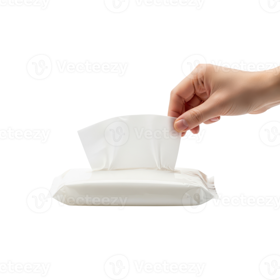 A persons hand pulls a white wet wipe from an open package of cleaning or baby wipes png