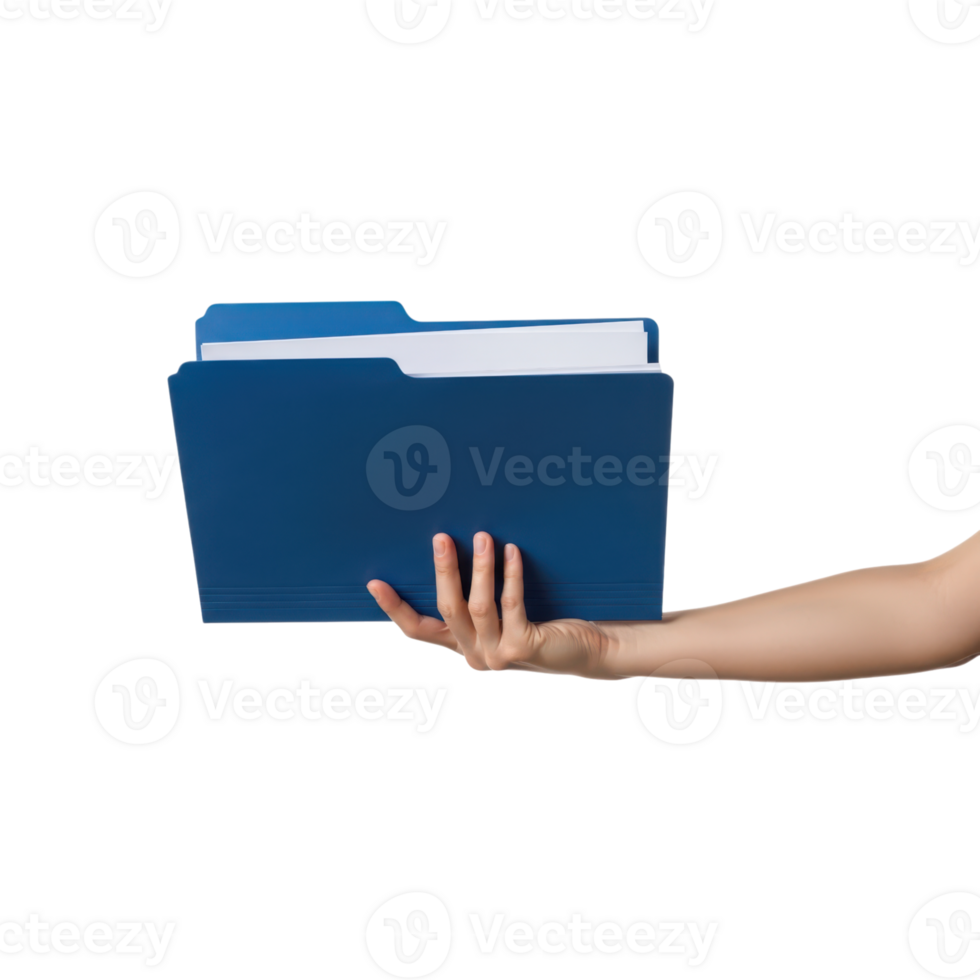 A persons hand holds a blue file folder containing white documents presented png