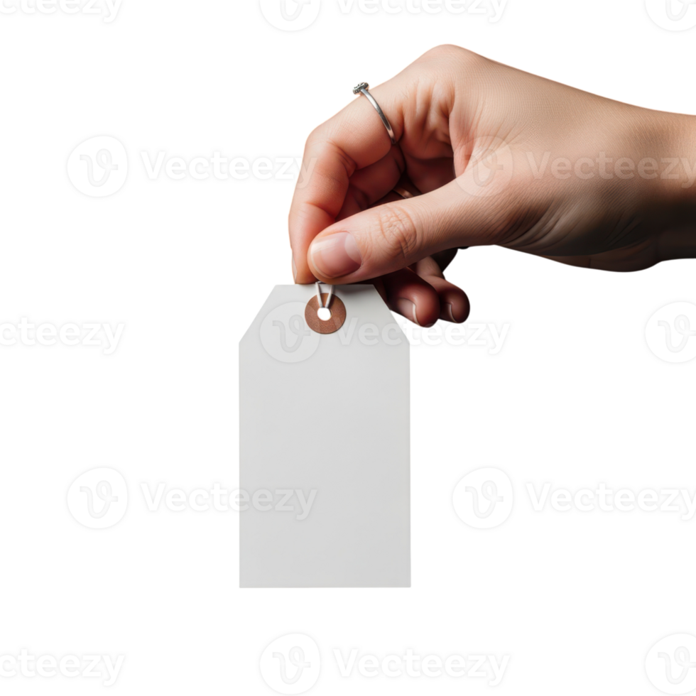 A human hand wearing a ring holds a blank white tag with a reinforced hole against a png