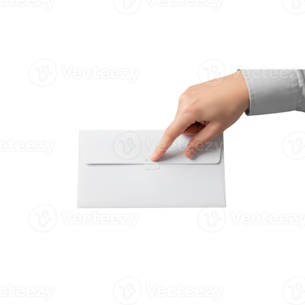 A hand with a finger is pointing to the closure of a white envelope on a transparent png