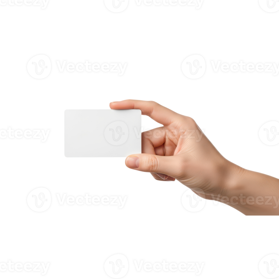 A persons hand is holding a blank white card against a transparent background png