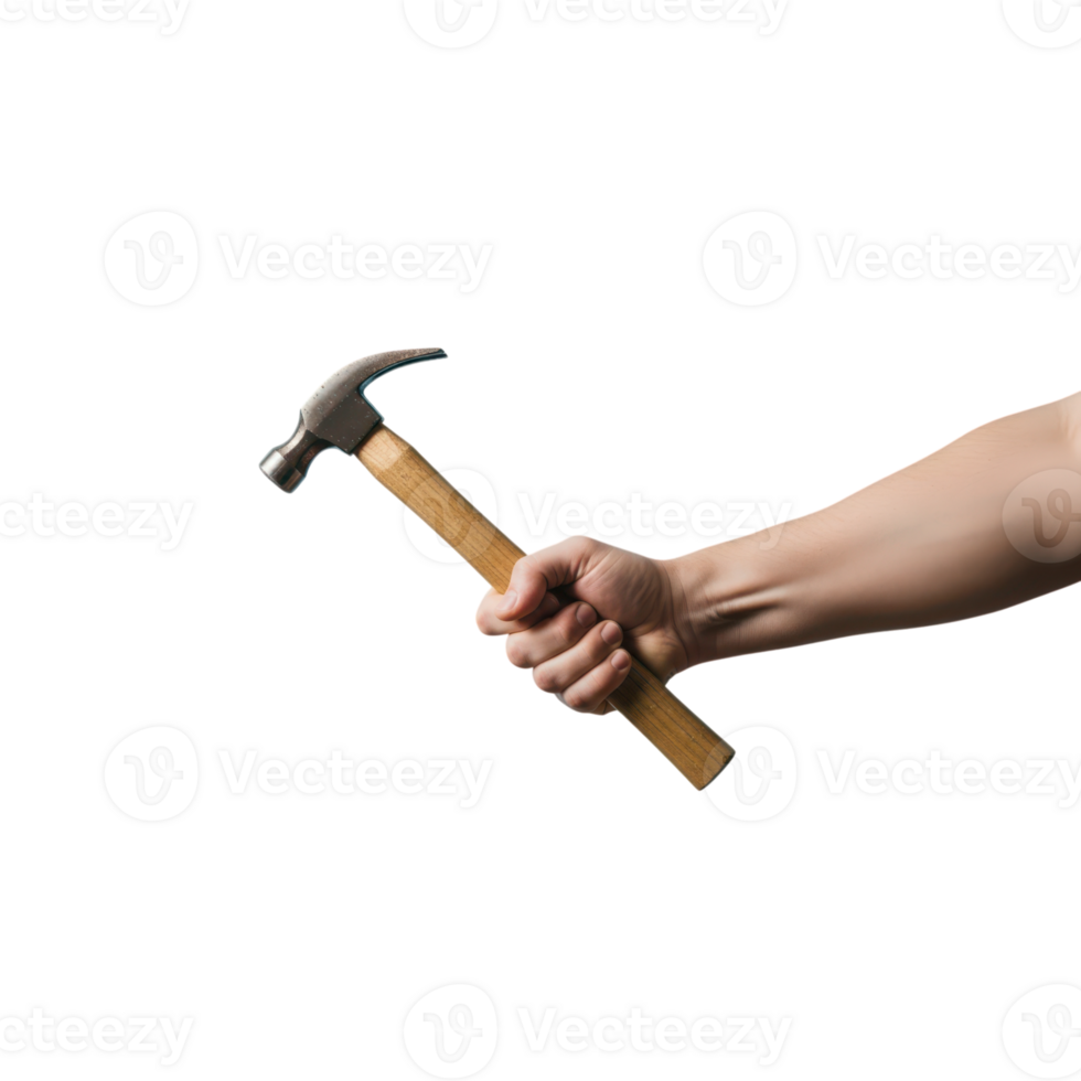 A persons hand firmly grips the wooden handle of a metal hammer poised for use png