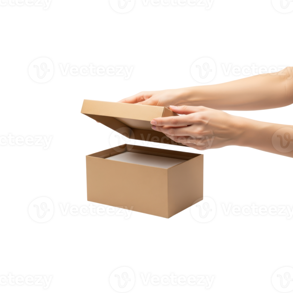 A persons hands open a simple brown cardboard box with a lid revealing contents png