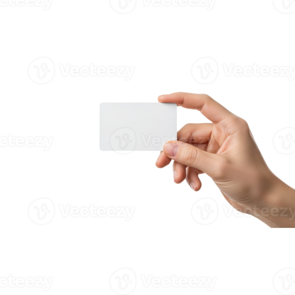 A persons hand is holding a blank white card against a clean transparent png