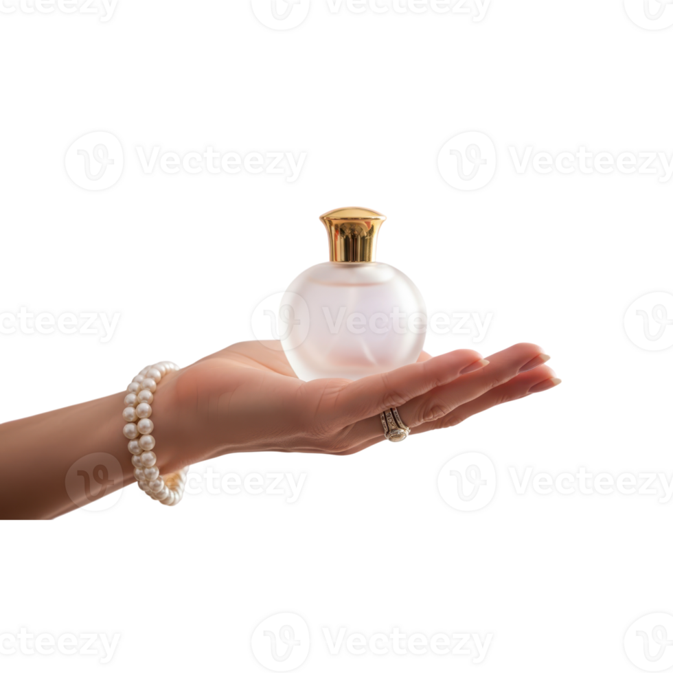 A womans hand adorned with a pearl bracelet and ring delicately holds a frosted png