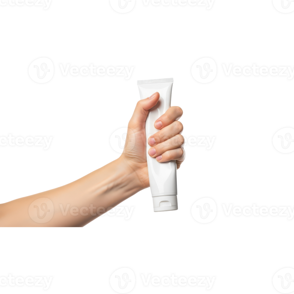 A persons hand is holding a white tube of cream against a clean transparent png