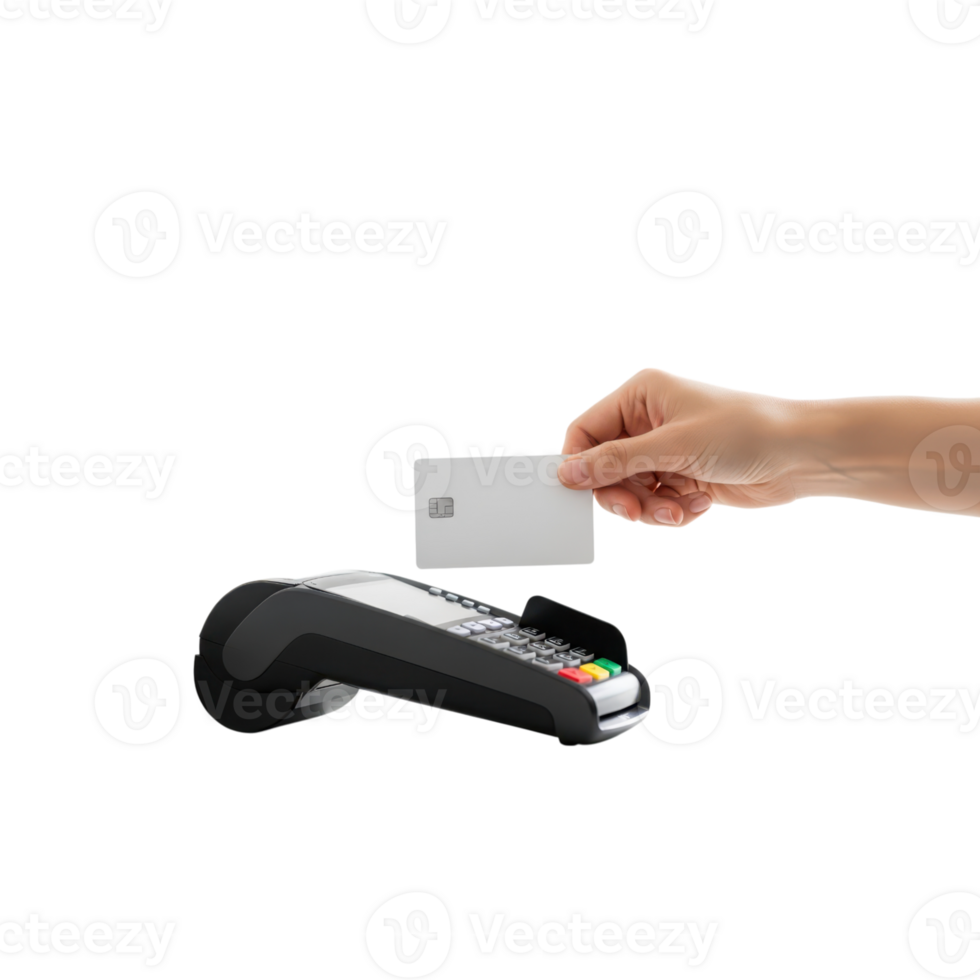 A persons hand is holding a blank white credit card near a payment terminal for a png