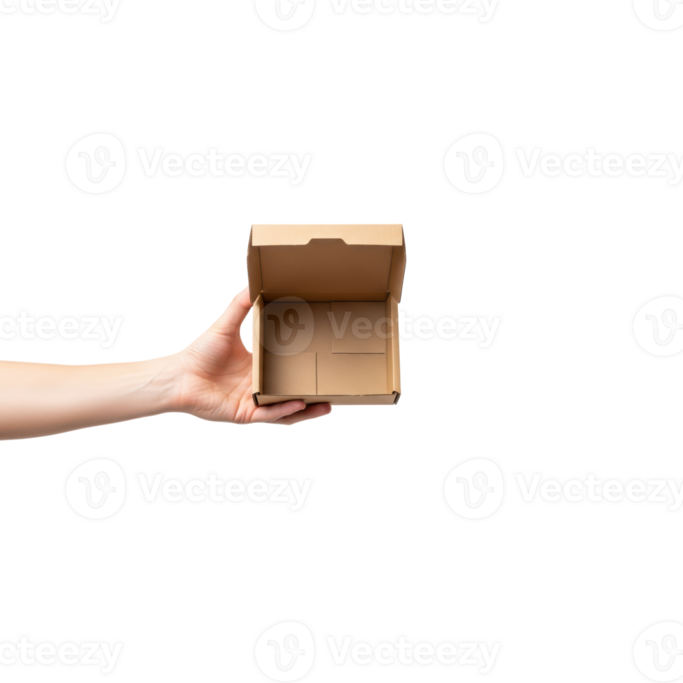 A person holding a cardboard box on a black background png