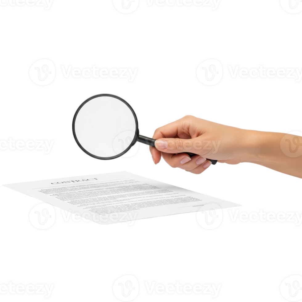 A hand holds a magnifying glass over a document with text suggesting examination png