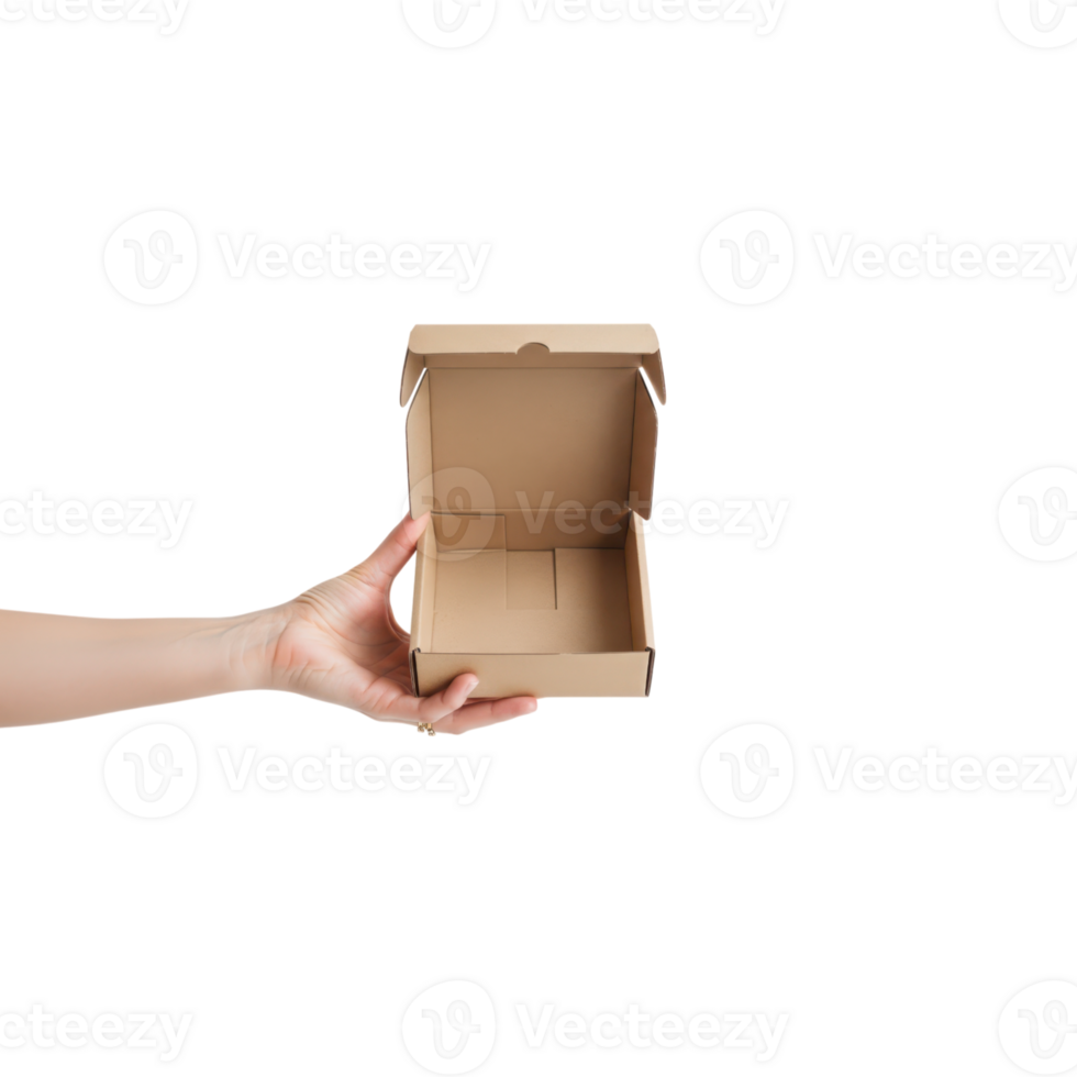 A persons hand is holding an open empty brown cardboard box ready to be filled or png