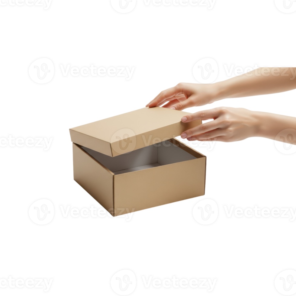 A persons hands are shown closing the lid of a brown cardboard box against a clean png
