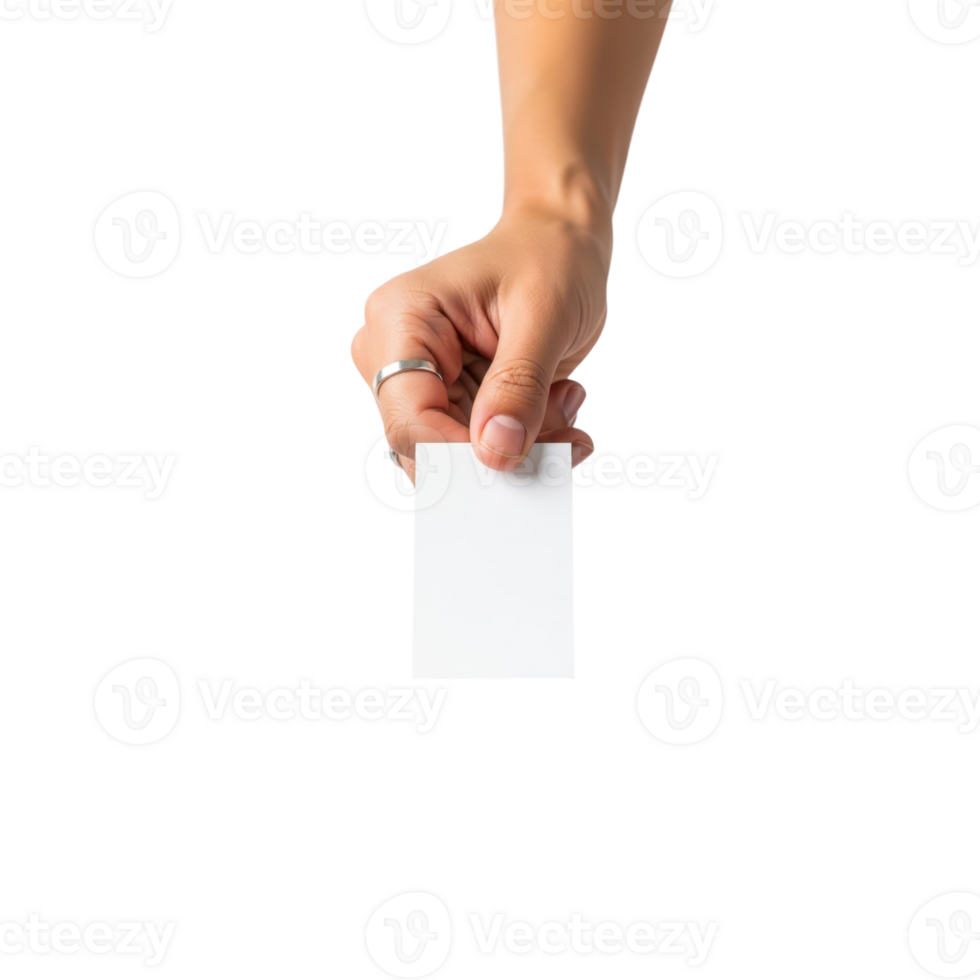 A persons hand wearing a ring holds up a blank white business card against a png