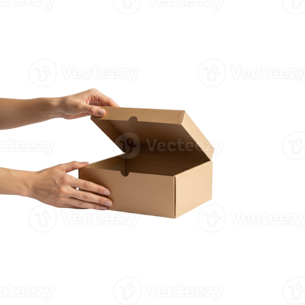 A pair of hands carefully opens a plain brown cardboard box with its lid lifted on a png