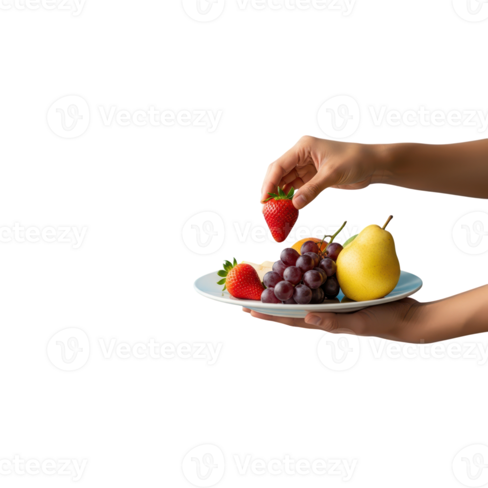A persons hand is carefully placing a ripe strawberry onto a white plate filled png
