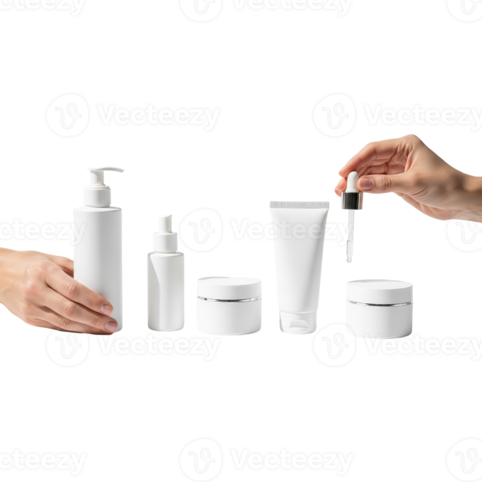 Hands holding white cosmetic products on a black background png