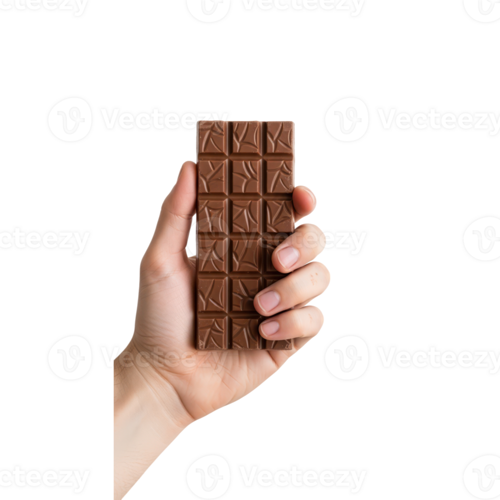 A persons hand is holding a segmented bar of milk chocolate with a textured png