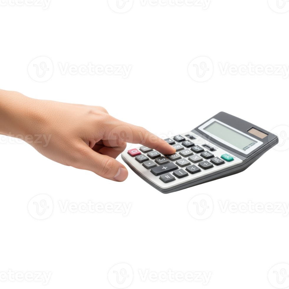 A persons hand is using a calculator pressing a button with their index finger on png