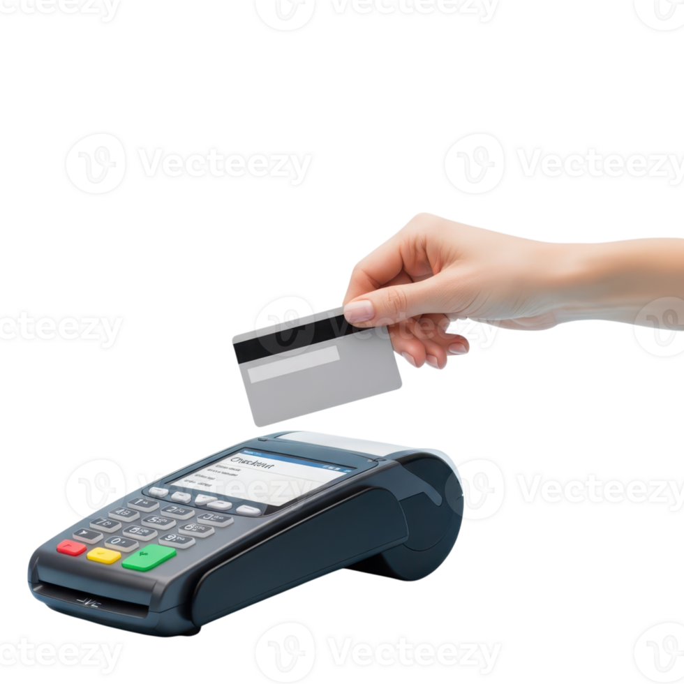 A hand holds a credit card near a pointofsale terminal for a contactless payment png