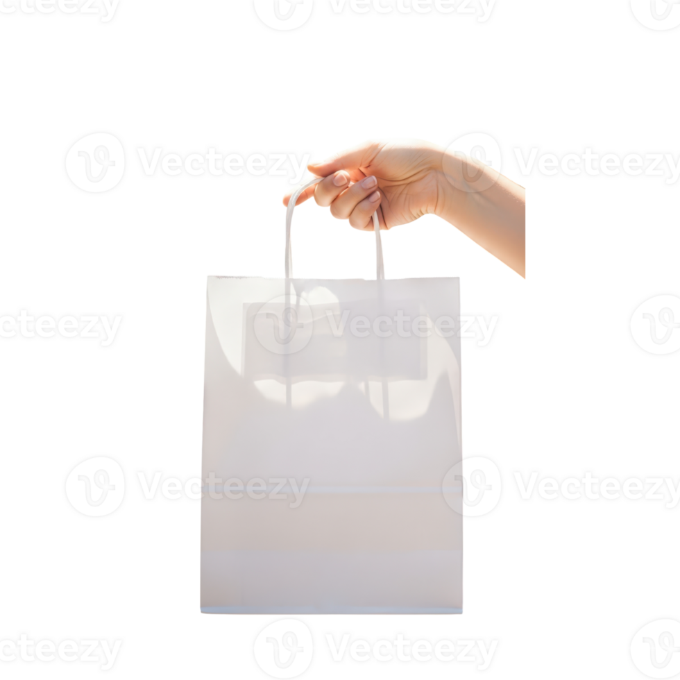 A hand holds the handles of a plain white paper shopping bag ready for carrying png