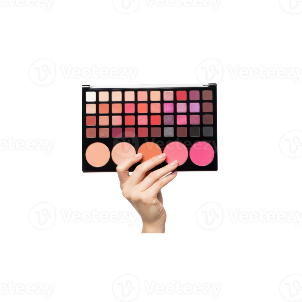 A hand holds a large makeup palette filled with various shades of eyeshadow and png