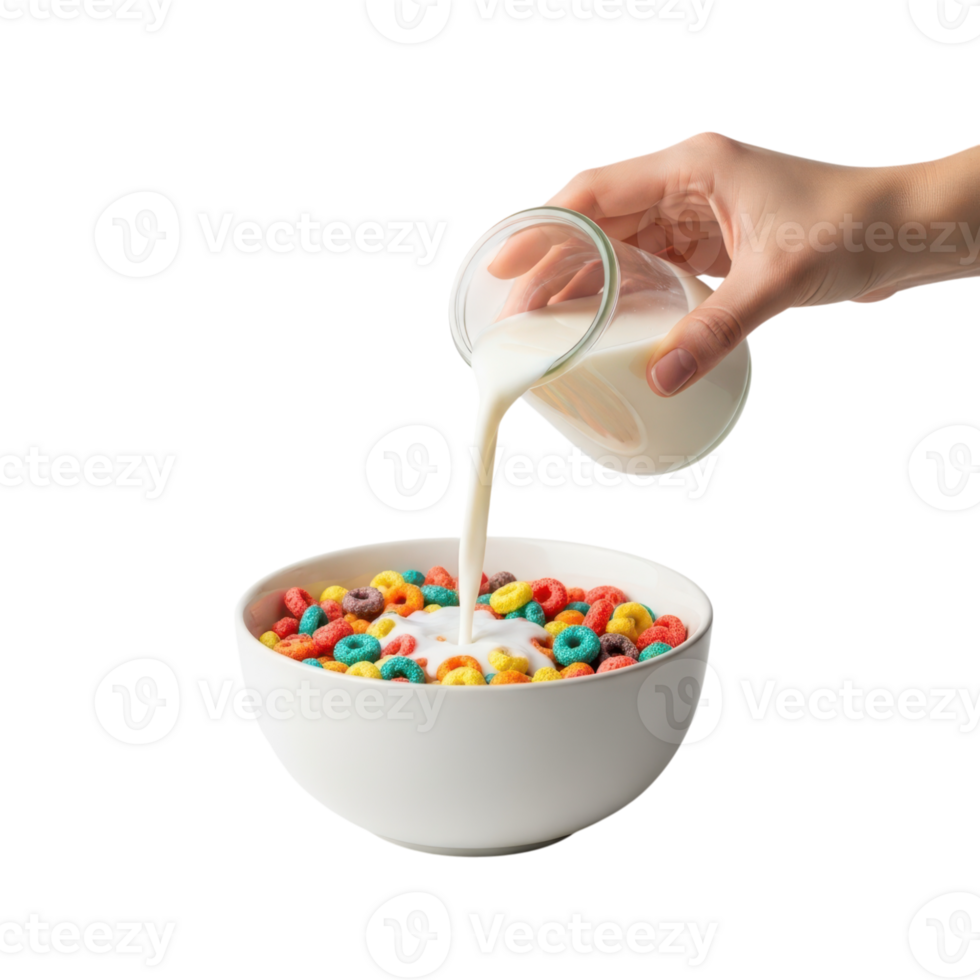 A hand pours milk from a glass jug into a white bowl filled with colorful crunchy png