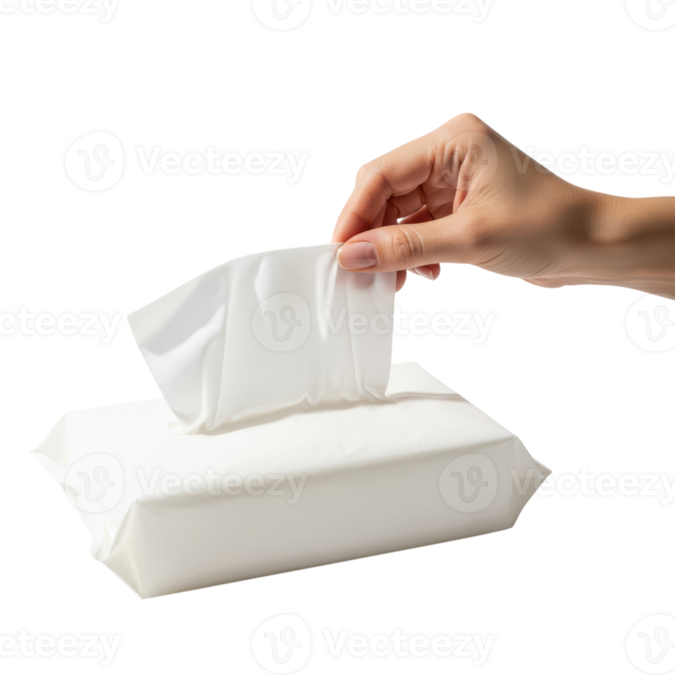 A persons hand pulling a wet wipe from a package of cleaning wipes on a transparent png