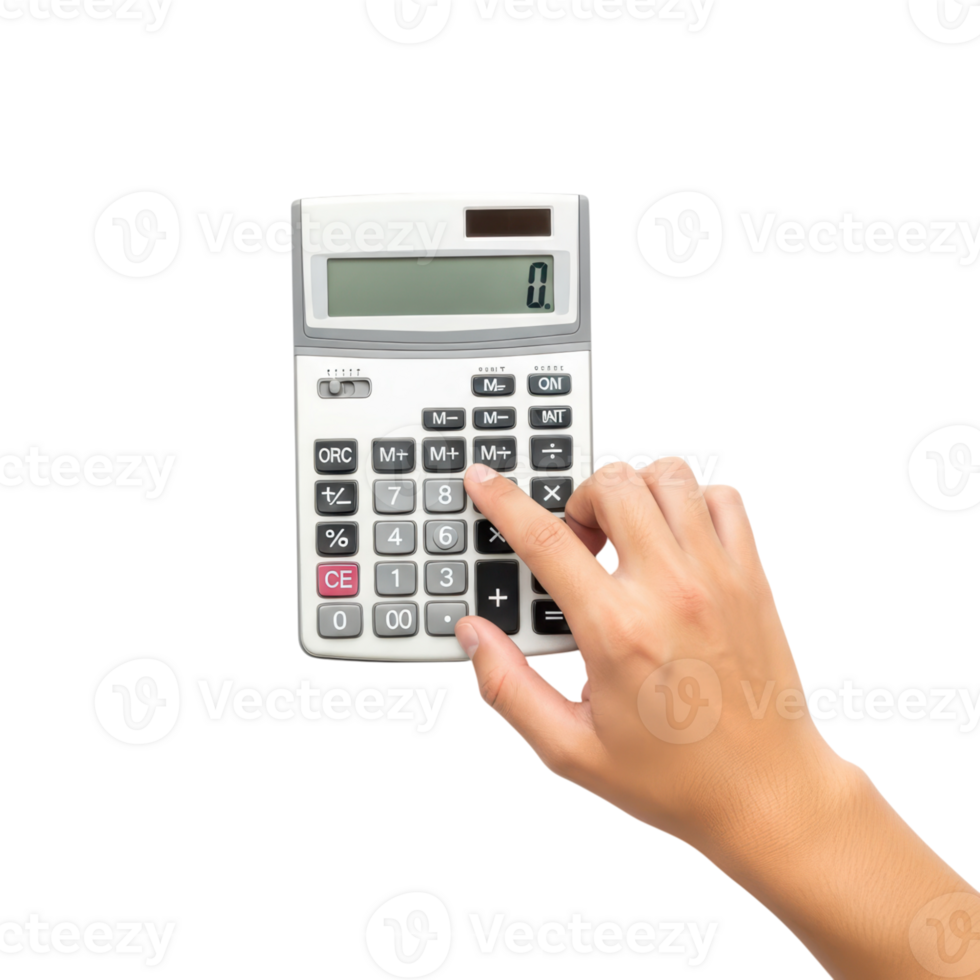 A persons finger presses a button on a white calculator with a digital display png