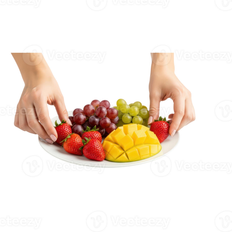 Two hands arrange a vibrant assortment of fresh strawberries red and green png