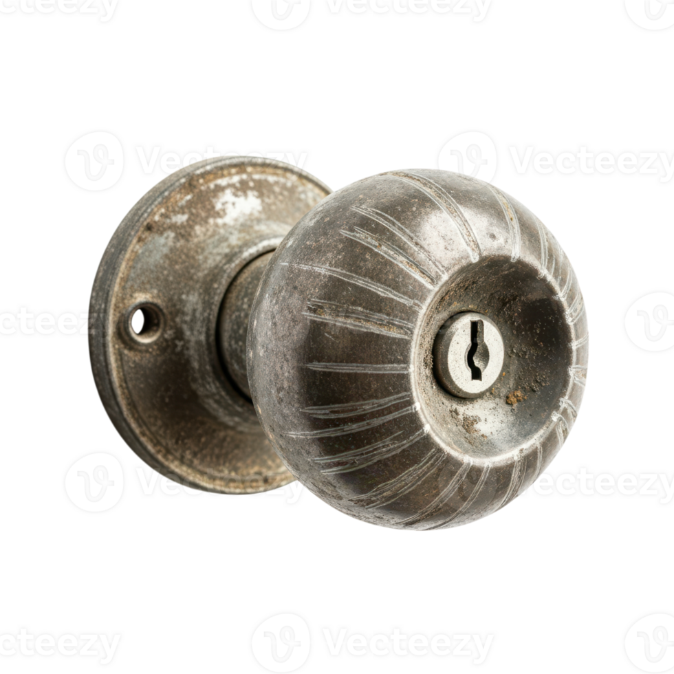 An antique weathered metal doorknob with a keyhole and ribbed detail is shown png