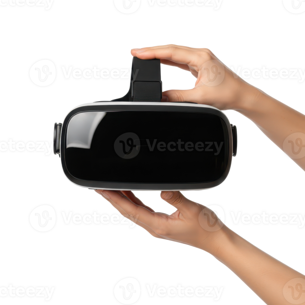 A persons hands are holding a black and white virtual reality headset against a png