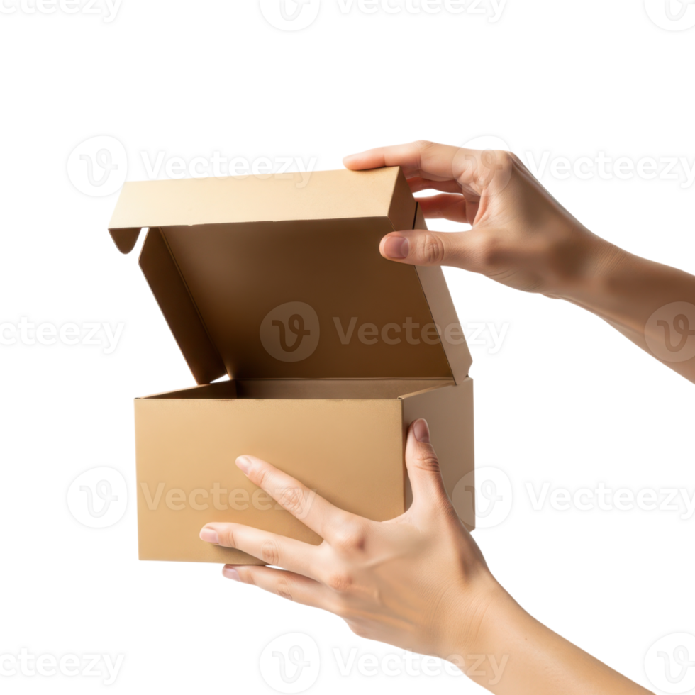 Two hands are opening a brown cardboard box revealing the inside against a plain png