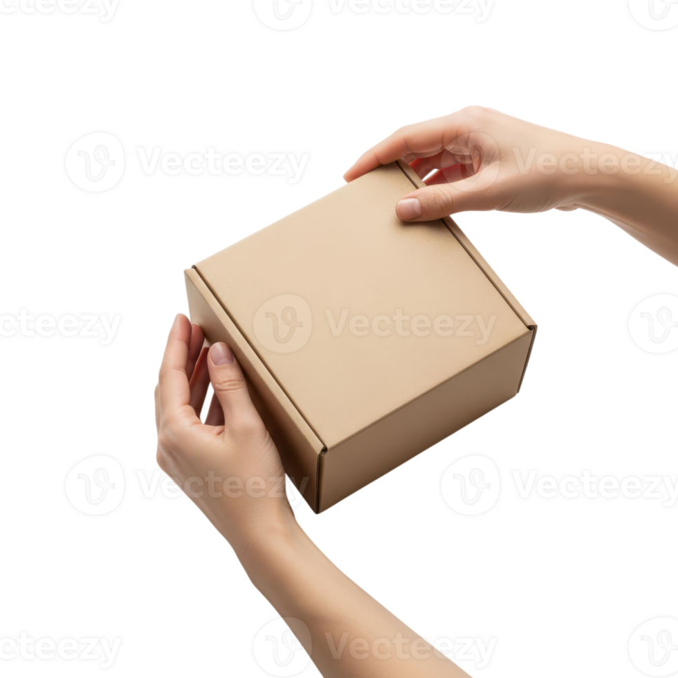Two hands are carefully handling and securing a small brown cardboard box png