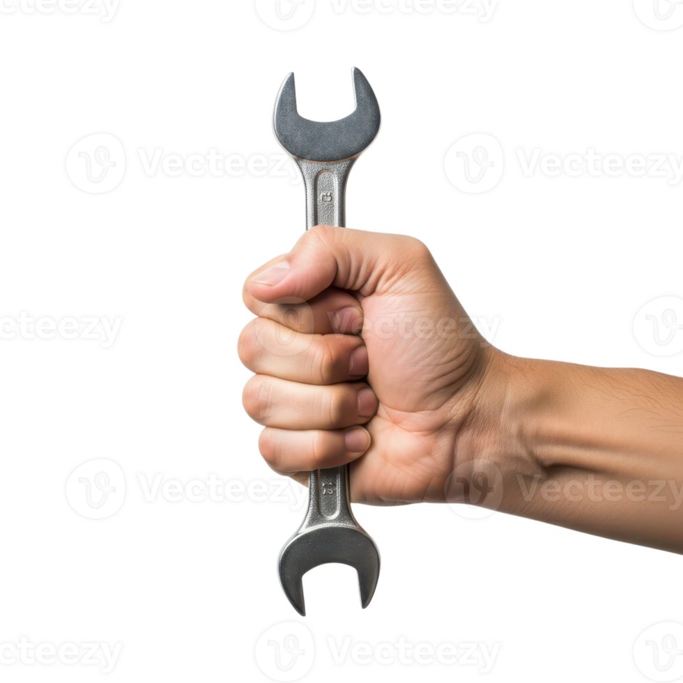 A hand is firmly gripping a silver metal wrench showcasing a tool used for png