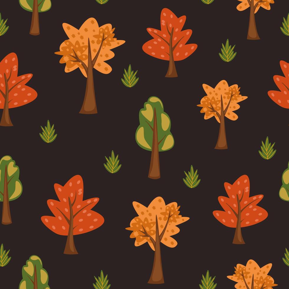 Autumn forest seamless pattern with stylized trees on the dark background. vector