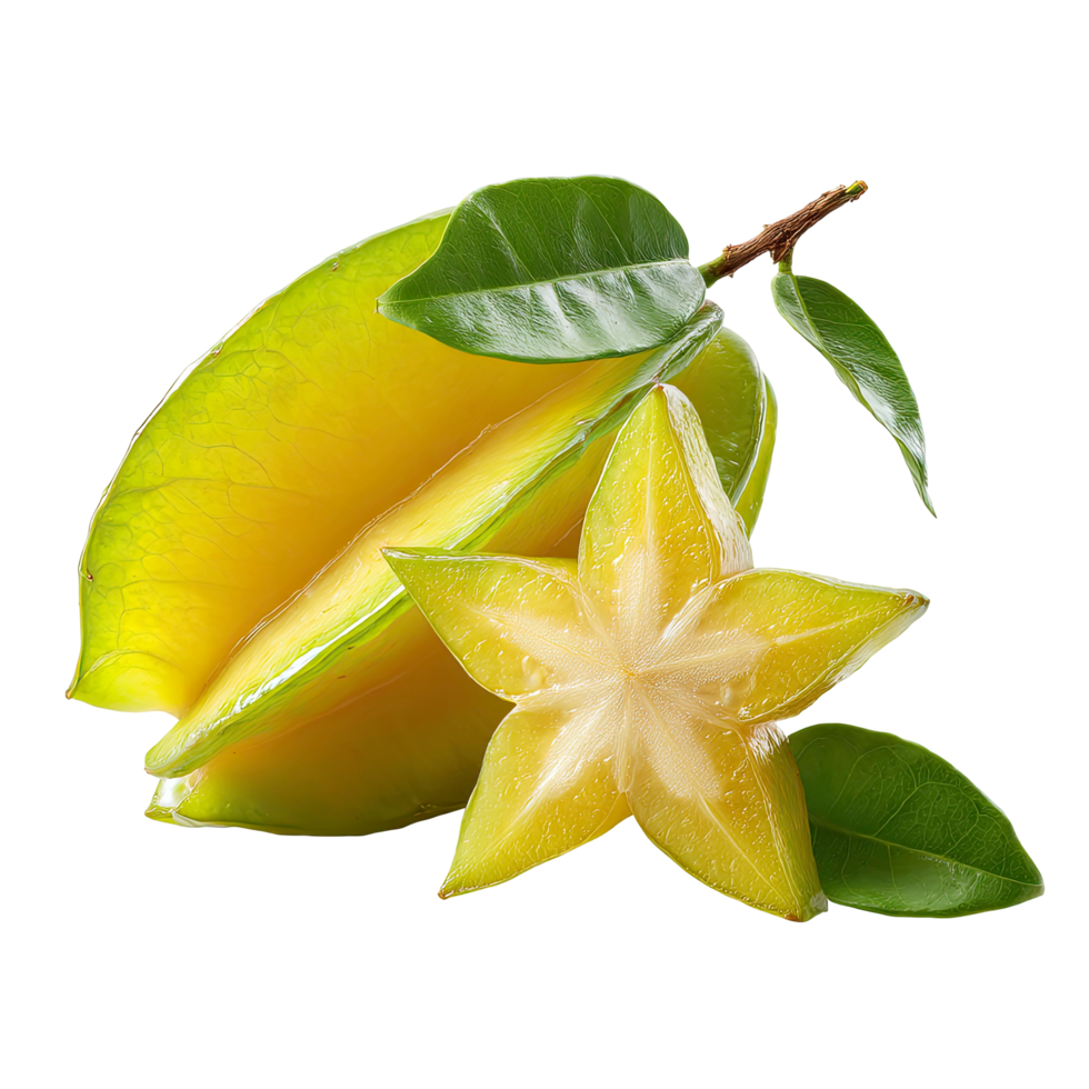 Fresh Carambola Star Fruit with Leaves on Transparent Background png