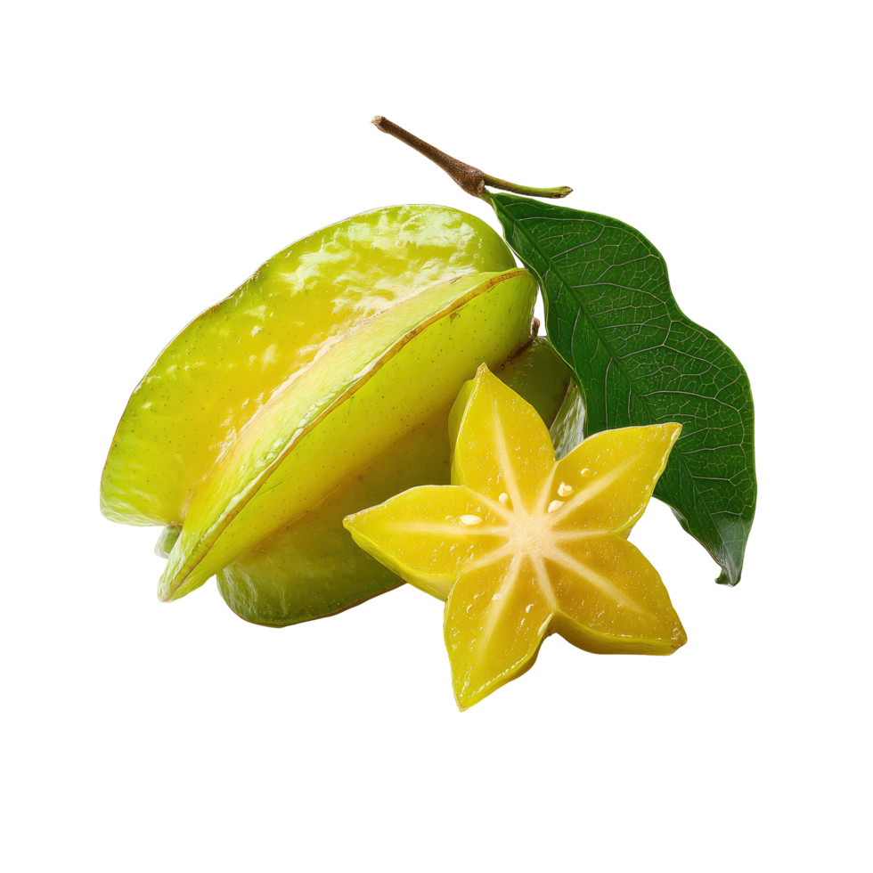 Fresh Carambola Star Fruit with Leaf on Transparent Background png