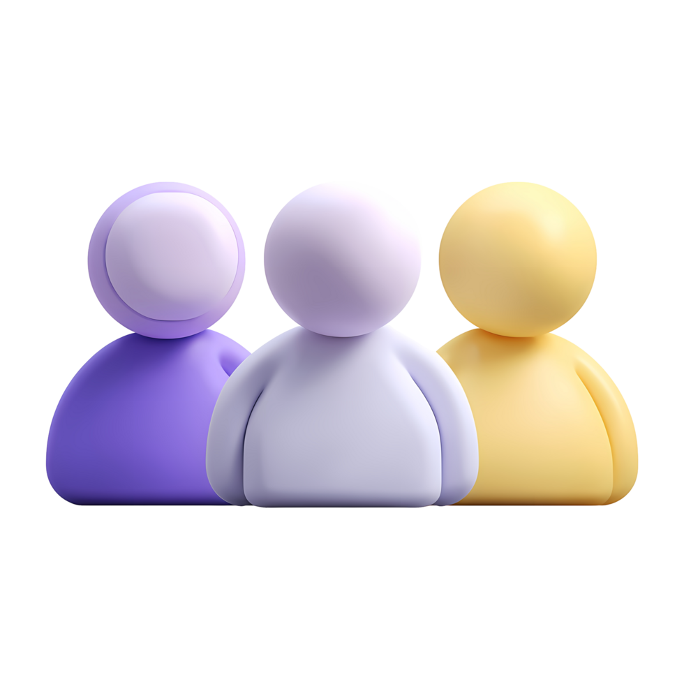 Three stylized figures in purple lavender and yellow on transparent background png