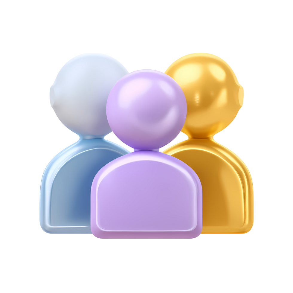 Three glossy stylized people icons in blue purple and gold on transparent background png