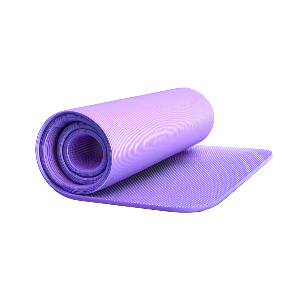 Rolled Purple Yoga Mat Fitness Equipment on Transparent Background partially png