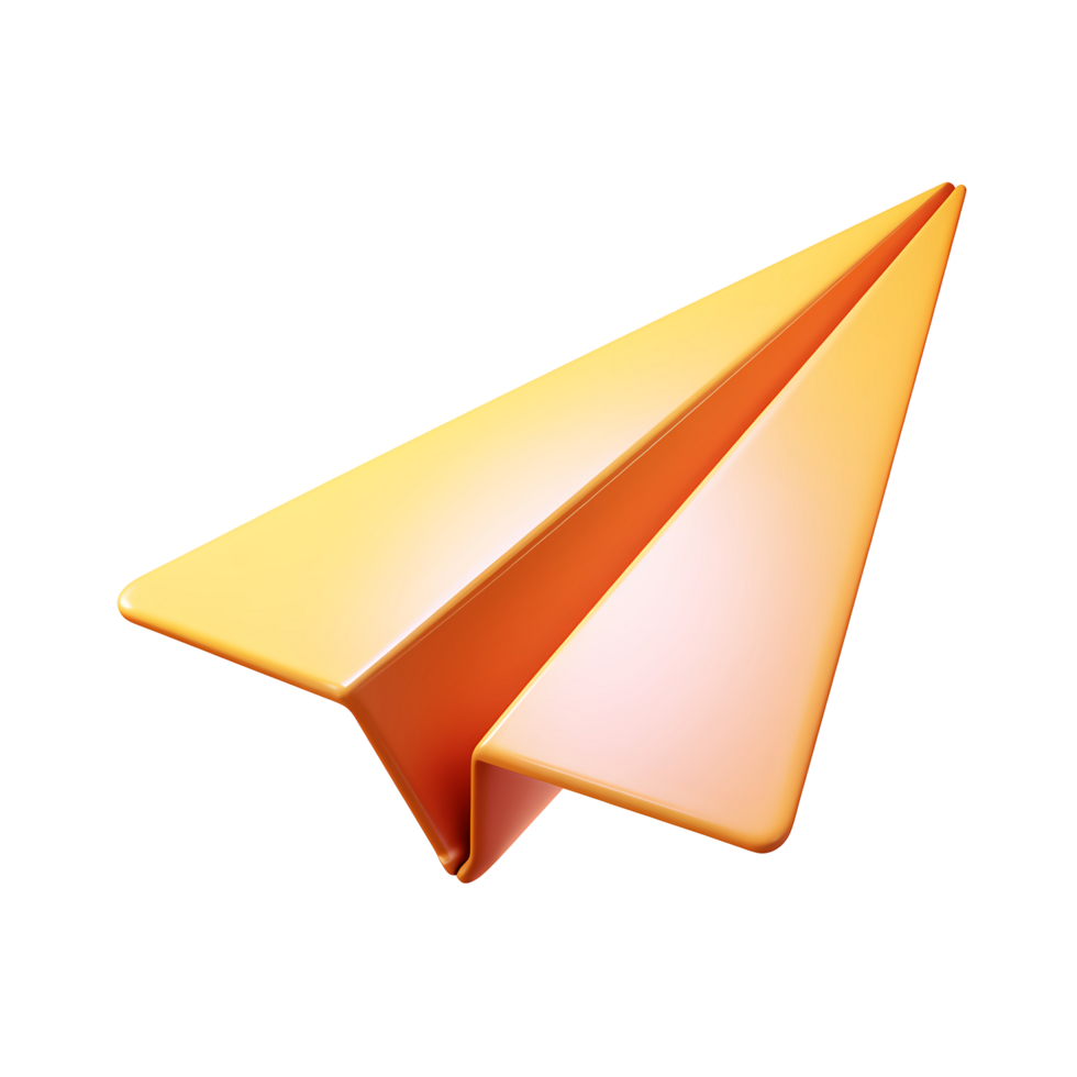 3D Rendered Orange Paper Airplane Illustration on Transparent Background glossy png