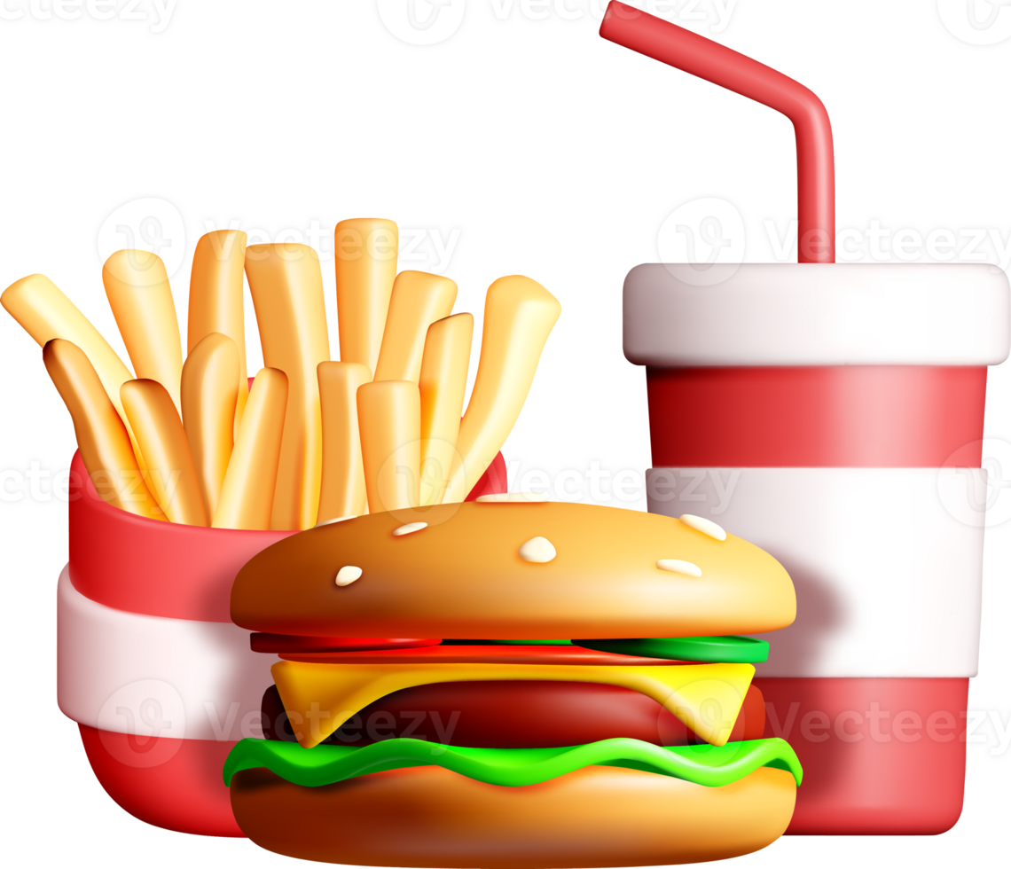 3D Fast Food Combo Burger, Fries, and Drink png