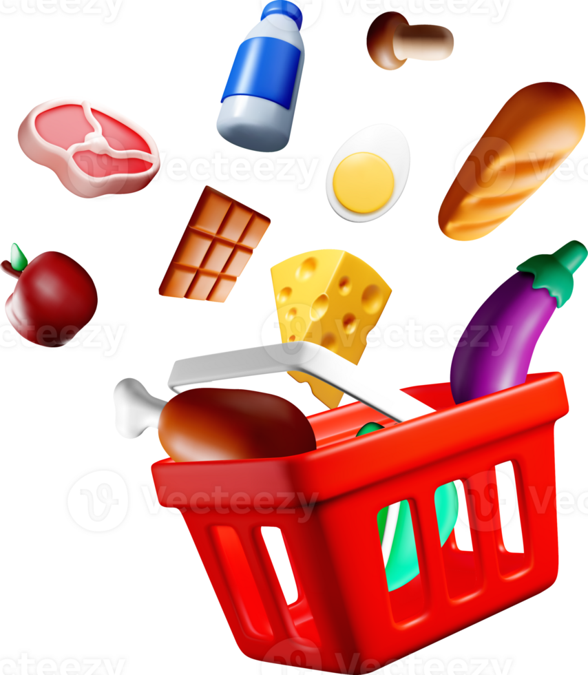 3D Shopping Basket Filled with Groceries png